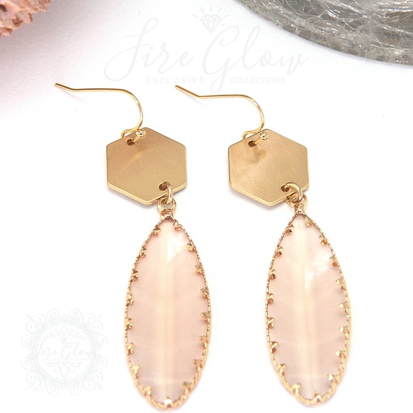 Peach Teardrop Gem Brushed Gold Tone Hex Earrings - Picture 14 of 15